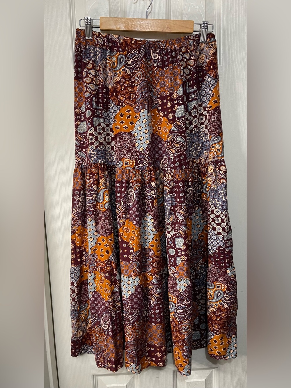 Brown Paisley Patchwork Bohemian Tiered Midi Elastic Waist Pull On Skirt Medium